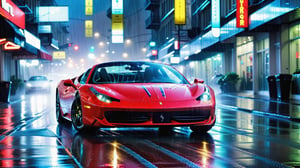 wallpaper featuring a Ferrari 458 Spider supercar racing through the rain-soaked streets of a city at night, with neon lights reflecting off the wet pavement and raindrops streaking past the car's headlights, capturing the thrill of a nighttime downpour,NeonLG