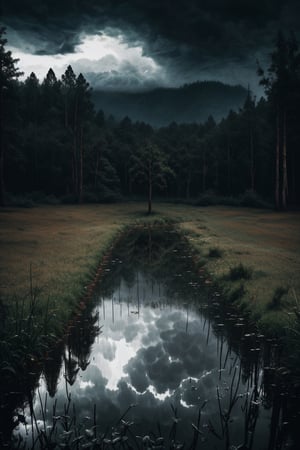 (masterpiece, best quality, very aesthetic, ultra detailed), intricate details, (no human. grass at Forest.), (rainy day. Rain. Cloudy. Wet ground. Water reflection. Gloomy. Ambient. Horror. Creepy. Dark), aesthetic