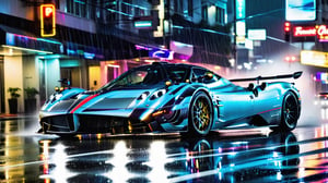 wallpaper featuring a grey Pagani Huayra BC supercar racing through the rain-soaked streets of highway at night, with neon lights reflecting off the wet pavement and raindrops streaking past the car's headlights, capturing the thrill of a nighttime downpour,