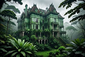 (Hyper Realistic), highest quality, 8k, HD, fantasy, cloudy, green folige jungle, thick fog, mystery, lush green, gloomy, old mansion architecture,
