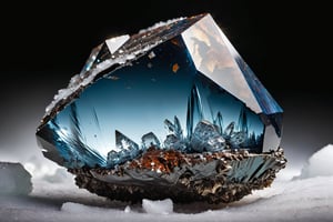 A photorealistic image of a massive, otherworldly gem formed from rough, bluenish crystals. The outer portion of the gem is encased in a dark, mottled meteorite stone. Embedded within the transparent core of the crystal are fragments of never-before-seen alien technology, featuring a blend of organic and mechanical components with glowing elements and intricate circuitry. Setting crashed landing in the vastness of snow forest, melted snow and crumbled ice on surrounding. The image is high quality and high resolution, with a focus on capturing the realistic textures and details of each element. The lighting is dramatic, highlighting the different aspects of the gem,Extremely Realistic