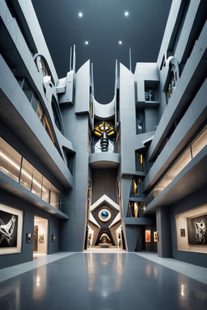Front view of a (futuristic museum:1.4) with (an amazing and captivating abstract architecture:1.4), night time, grey theme. Sharp details. Highest quality, detailed, original photo, trendy, vector art, vintage, award-winning. Wide shot, sharp focus, bright shiny grey small room, many Pablo Picasso artworks hanged on the walls, artint, art_booster