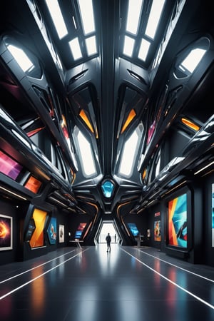 Front view of a (futuristic museum:1.4) with (an amazing and captivating abstract architecture:1.4), light rays, black theme. Sharp details. Highest quality, detailed, original photo, trendy, vector art, vintage, award-winning. Wide shot, sharp focus, bright shiny black small room, many colorful artworks hanged on the walls, artint, art_booster
