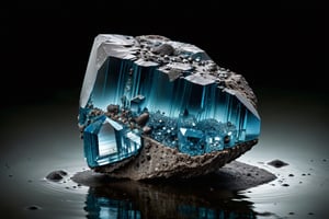 A photorealistic image of a massive, otherworldly gem formed from rough, ocean bluenish crystals. The outer portion of the gem is encased in a dark, mottled meteorite stone. Embedded within the transparent core of the crystal are fragments of never-before-seen alien technology, featuring a blend of organic and mechanical components with glowing elements and intricate circuitry. Setting crashed landing in the vastness of water, wet and dip drop on surrounding. The image is high quality and high resolution, with a focus on capturing the realistic textures and details of each element. The lighting is dramatic, highlighting the different aspects of the gem,Extremely Realistic