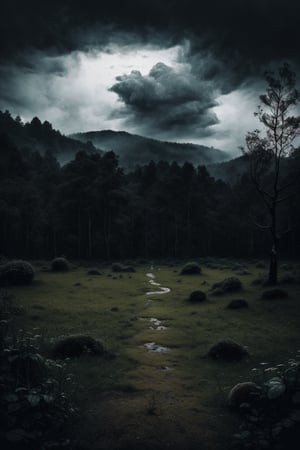 (masterpiece, best quality, very aesthetic, ultra detailed), intricate details, (no human. grass at Forest.), (rainy day. Rain. Cloudy. Wet ground. Gloomy. Ambient. Horror. Creepy. Dark), aesthetic