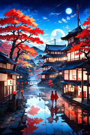 Official Art, Unity 8K Wallpaper, Extreme Detailed, Beautiful and Aesthetic, Masterpiece, Top Quality, perfect anatomy, a beautifully drawn (((ink illustration))) depicting, integrating elements of calligraphy, vintage, PINK and RED accents, watercolor painting, concept art, (best illustration), (best shadow), Analog Color Theme, vivid colours, contrast, smooth, sharp focus, scenery,

outdoors, sky, tree, night, japanese traditional building, scenery, reflection, house, autumn season, lamppost, 2 little girl, coat, narrow skirt, stockings, sport shoes, short-hair 
