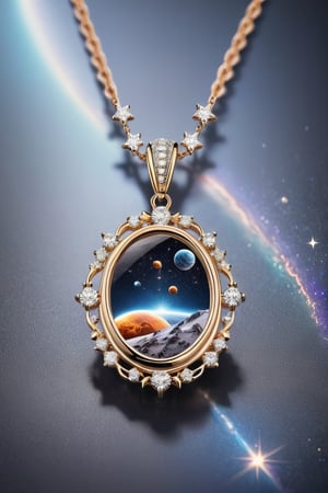 The diamond necklace is in the shape of a oval with a stars and planets in it.