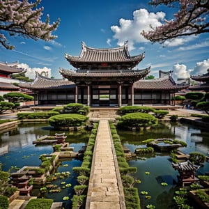 outdoors, sky, cloud, water, tree, no humans, building, scenery, reflection, lantern, stairs, architecture, east asian architecture,Chinese Architecture,blue moon, blue lotus pond,Surreal composition,Buildings scattered high and low,looking down from the sky, looking down, overlooking perspective,Chinese Palace,Historical Taiwanese Temple