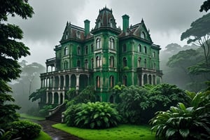 (Hyper Realistic), highest quality, 8k, HD, fantasy, cloudy, green jungle, thick fog, mystery, lush green, gloomy, old mansion architecture,