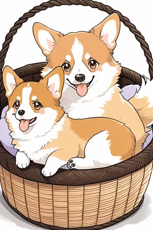 smalls fluffys dark brown fluffys two corgi in a basket

,cute,anime,mix,pastel