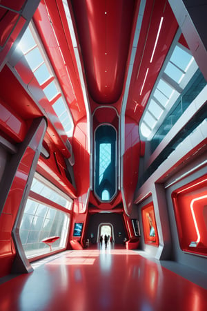 Front view of a (futuristic museum:1.4) with (an amazing and captivating abstract architecture:1.4), light rays, red theme. Sharp details. Highest quality, detailed, original photo, trendy, vector art, vintage, award-winning. Wide shot, sharp focus, bright shiny red small room, many colorful artworks hanged on the walls, artint, art_booster