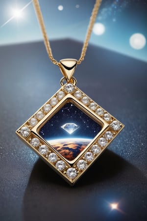 The diamond necklace is in the shape of a square with a outer space in it.