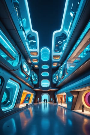 Front view of a (futuristic museum:1.4) with (an amazing and captivating abstract architecture:1.4), night light, ocean blue theme. Sharp details. Highest quality, detailed, original photo, trendy, vector art, vintage, award-winning. Wide shot, sharp focus, bright shiny ocean blue small room, many colorful artworks hanged on the walls, artint, art_booster
