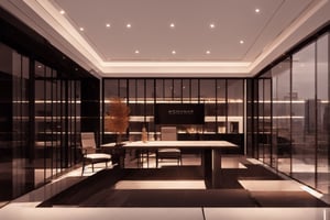 highly detailed, cozy low lights, night charming, night ambience,opulent large office, window glass wall, luxury chairman presidential room, megalopolis at night background, ultra detailed office, very chic, futuristic office, skyscraper night lights,1 girl,Void volumes,Frames
