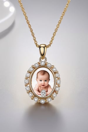 The diamond necklace is in the shape of a oval with a cute baby in it.