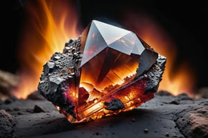 A photorealistic image of a massive, otherworldly gem formed from rough, rednish crystals. The outer portion of the gem is encased in a dark, mottled meteorite stone. Embedded within the transparent core of the crystal are fragments of never-before-seen alien technology, featuring a blend of organic and mechanical components with glowing elements and intricate circuitry. Setting crashed landing in the vastness of fire scene, smoke and flames on surrounding. The image is high quality and high resolution, with a focus on capturing the realistic textures and details of each element. The lighting is dramatic, highlighting the different aspects of the gem,Extremely Realistic