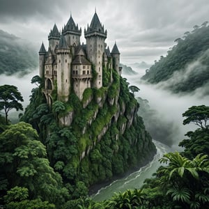 (Hyper Realistic), highest quality, 8k, HD, fantasy, cloudy, green jungle, thick fog, mystery, lush green, gloomy, old castle architecture,