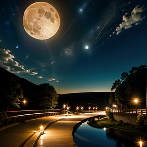 A night sky with a bright full moon shining down on a vast river,Nature