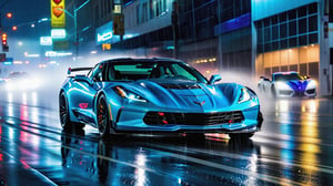 wallpaper featuring a light blue CORVETTE E-RAY supercar racing through the rain-soaked streets of highway at night, with neon lights reflecting off the wet pavement and raindrops streaking past the car's headlights, capturing the thrill of a nighttime downpour,