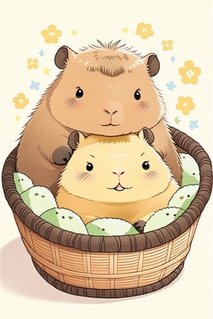 smalls fluffys dark brown fluffys two capybara in a basket

,cute,anime,mix,pastel