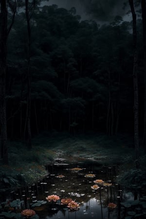 (masterpiece, best quality, very aesthetic, ultra detailed), intricate details, (no human. flower at Forest. Abandoned cabin), (rainy day. Rain. Cloudy. Wet ground. Water reflection. Gloomy. Ambient. Horror. Creepy. Dark), 