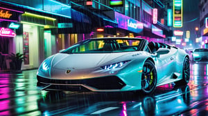 wallpaper featuring a White Lamborghini Huracan Spyder supercar racing through the rain-soaked streets of a neon light city at night, with neon lights reflecting off the wet pavement and raindrops streaking past the car's headlights, capturing the thrill of a nighttime downpour,