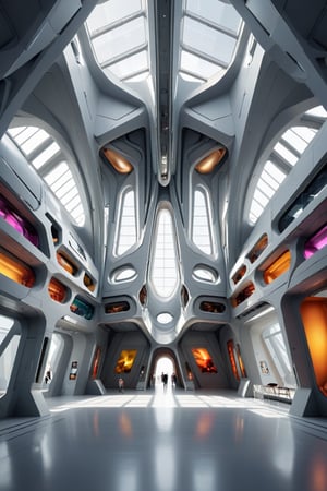 Front view of a (futuristic museum:1.4) with (an amazing and captivating abstract architecture:1.4), light rays, grey theme. Sharp details. Highest quality, detailed, original photo, trendy, vector art, vintage, award-winning. Wide shot, sharp focus, bright shiny grey small room, many colorful artworks hanged on the walls, artint, art_booster