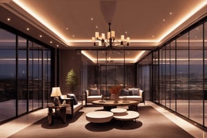 highly detailed, cozy low lights, night charming, night ambience,opulent large office, window glass wall, luxury chairman presidential room, megalopolis at night background, ultra detailed office, very chic, futuristic office, skyscraper night lights,1 girl