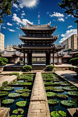 outdoors, sky, cloud, water, tree, no humans, building, scenery, reflection, lantern, stairs, architecture, east asian architecture,Chinese Architecture,blue moon, blue lotus pond,Surreal composition,Buildings scattered high and low,looking down from the sky, looking down, overlooking perspective,Chinese Palace,Historical Taiwanese Temple