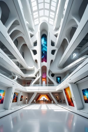 Front view of a (futuristic museum:1.4) with (an amazing and captivating abstract architecture:1.4), light rays, white theme. Sharp details. Highest quality, detailed, original photo, trendy, vector art, vintage, award-winning. Wide shot, sharp focus, bright shiny white small room, many colorful artworks hanged on the walls, artint, art_booster