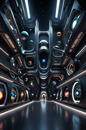 Front view of a (futuristic museum:1.4) with (an amazing and captivating abstract architecture:1.4), night time, black theme. Sharp details. Highest quality, detailed, original photo, trendy, vector art, vintage, award-winning. Wide shot, sharp focus, bright shiny black small room, many outer space and planets artworks hanged on the walls, artint, art_booster