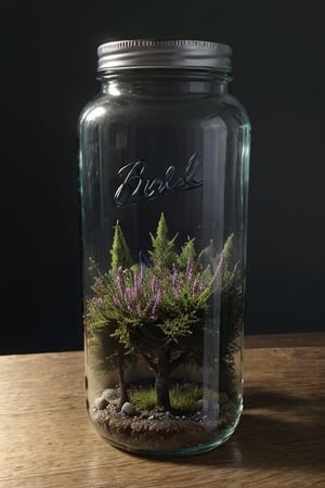 High resolution, full detailed, better image quality,16k, ultrara definition,ultra-realistic,

Create a mini foggy rainy forest inside a jar