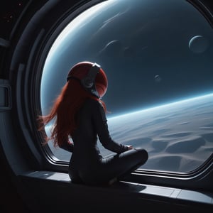 1 girl, solo, long red hair, silhouette of a girl, deep darkness, inside a spaceship, sitting near a huge window, looking outside, hugging her knees, outside space, a big planet, some moons, in a tight jumpsuit and helmet
