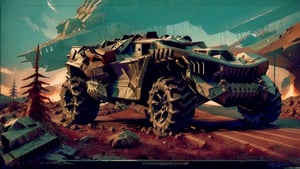 mad max style lunar rock color All-terrain vehicle with colored tire lettering parked on the side of a road next to a tree, nostalgic 8k, restomod, ultra - realistic, ultra-realistic,Realism,Epicrealism,mxsuv,Head direction,Head direction,The war damaged the paint,Industrial machinery,Hard line,Halley,bulldozer,Unreal Engine rendering,realistic,gun,f117,Stealth aircraft coating,Cast metal texture,MetalAI,Futuristic room,Industrial appearance