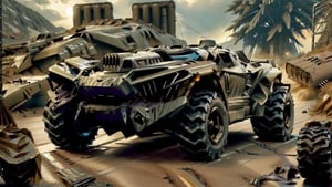 mad max style lunar rock color All-terrain vehicle with colored tire lettering parked on the side of a road next to a tree, nostalgic 8k, restomod, ultra - realistic, ultra-realistic,Realism,Epicrealism,mxsuv,Head direction,Head direction,The war damaged the paint,Industrial machinery,Hard line,Halley,bulldozer,Unreal Engine rendering,realistic,gun,f117,Stealth aircraft coating,scale,Cast metal texture,MetalAI,Futuristic room