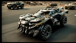 1 vehicle,mad max style lunar rock color All-terrain vehicle with colored tire lettering parked on the side of a road, Shield style,Overhead suspension, military metal,Hard surface,nostalgic 8k, restomod, ultra - realistic, ultra-realistic,Realism,Epicrealism,mxsuv,Head direction,Head direction,The war damaged the paint,Industrial machinery,Hard line,Halley,bulldozer,Unreal Engine rendering,realistic,Edge corrosion,gun style,f117 style,Stealth aircraft coating,Cast metal texture,MetalAI,Futuristic room,Industrial appearance,1boy,The bullet ground caught fire,mecha musume,Mech tank style,cyberstyle,Cyberstyle lighting,Normal perspective,Terminator bone texture,red headlight,robot,T800Endoskeleton,ROBOTANIMESTYLE