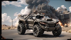 1 vehicle,mad max style lunar rock color All-terrain vehicle with colored tire lettering parked on the side of a road, Shield style,Overhead suspension, military metal,Hard surface,nostalgic 8k, restomod, ultra - realistic, ultra-realistic,Realism,Epicrealism,mxsuv,Head direction,Head direction,The war damaged the paint,Industrial machinery,Hard line,Halley,bulldozer,Unreal Engine rendering,realistic,Edge corrosion,gun style,f117 style,Stealth aircraft coating,Cast metal texture,MetalAI,Futuristic room,Industrial appearance,1boy,The bullet ground caught fire,mecha musume,Mech tank style,cyberstyle,Cyberstyle lighting,Normal perspective,Terminator bone texture,red headlight,robot