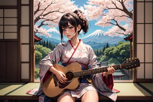 The image depicts an Asian girl wearing a traditional kimono, adorned with classic Japanese patterns such as cherry blossoms or waves. The kimono should have vibrant colors and intricate designs reminiscent of Japanese art.

The girl has her head held high, exuding confidence and grace. Her black hair is styled in a traditional manner, perhaps with a floral ornament or a hairpin. The hair should be neatly arranged and complement her features.

She is sitting or standing, holding a guitar in her hands. The guitar should be a classic acoustic model, with intricate details on the body. The girl is playing the guitar with skill and passion, her fingers moving gracefully over the strings.

In the background, there could be elements that evoke a sense of Japan, such as Mount Fuji, traditional buildings like pagodas or temples, or cherry blossom trees. These elements should be stylized to resemble classic Japanese stamps or woodblock prints.

Overall, the image should capture the beauty and elegance of both traditional Japanese culture and music, with the girl as the central focus, embodying the harmony between the two.