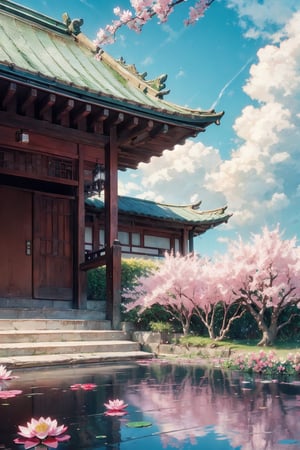 flower, outdoors, sky, day, cloud, water, cherry tree, blue sky, no humans, cloudy sky, building, scenery, reflection, pink flowers, stairs, architecture, house, east asian architecture, lily pad, lotus, pond, reflective water