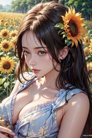  A beautiful woman. Sunflower field. Best Quality, Crazy Details and Sharp Focus, Masterpiece, Professional, Award Winning, Fine Detail, High Detail, UHD, 64k, Soft Look