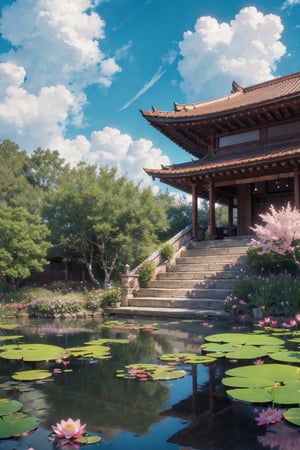 flower, outdoors, sky, day, cloud, water, cherry tree, blue sky, no humans, cloudy sky, building, scenery, reflection, pink flowers, stairs, architecture, house, east asian architecture, lily pad, lotus, pond, reflective water