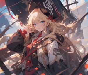 Best picture quality, high resolution, 8k, sharp focus,  pure 
blond hair, blue eyes , 1 girl, pirate ,pirate ship,yunjindef