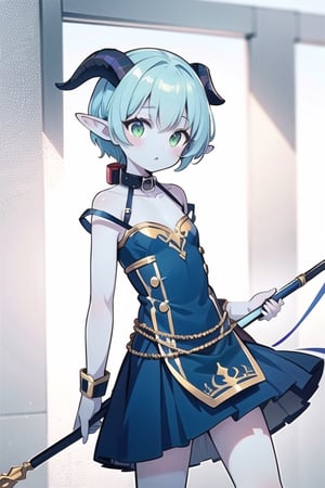 1girl, solo, looking at the audience, red eyes, shut up, collarbone, blue hair ponytail , petite, elf ears , ((blue skin)), whole body, white goat horns, green eyes, Metal collar, gray ripped dress, green messy short hair, ,masterpiece, slave, details++,mlprarity