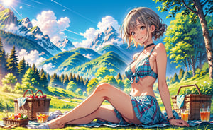 masterpiece, high_res, 1girl, beautiful body, smooth skin,(sitting on a picnic blanket), happy, relaxed, picnic, nature, forest animals, mountains in the horizon, clouds, sunshine, cinematic view, hikage_sk