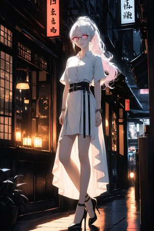 1 girl,((albino)),sleepy eyes,(pink pupil eyes,glowing pupils),long silver hair,long_ponytail,smirk smile,black buckles,white blouse,long flowing white skirt,beautiful smooth legs,high heels,standing,(cowboy_shot),unique fashion,white theme,(large black-rimmed glasses),japanese restaurant background,windows,nighttime,dark atmosphere,candlelight,cinematic,(full_body in view),scenery