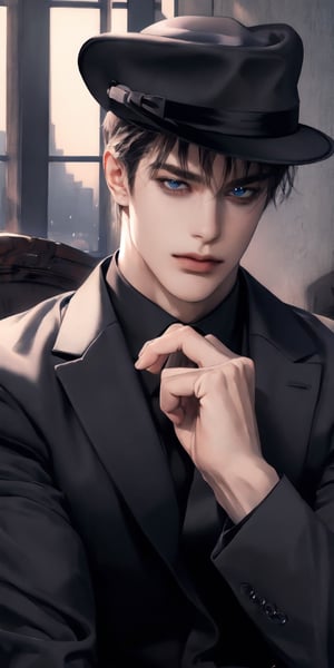 Extreme detailed,Realistic,solo,
official art, extremely detailed, Extreme Realistic,  Nordic beautiful teen boy,beautifully detailed eyes, detailed fine nose, detailed fingers,muscle body, bending down his head, wearing black suit male with black hat, handing on his hat, high quality, beautiful high Detailed black short hair