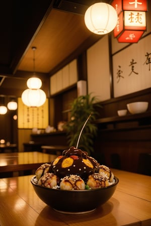 centered, photography, analog, | takoyaki dish, food photo, restaurant, table, japanese restaurant, | depth of field, bokeh,