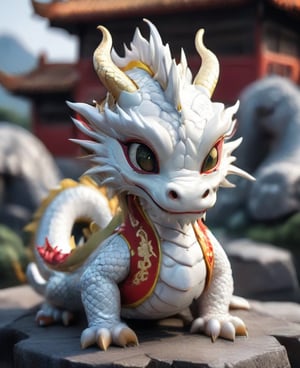 
(best quality:1.3), Amazing, beautiful detailed eyes,white color,Sony Alpha 1, Sony FE 16-35mm f/2.8 GM, sharp focus, highly detailed, rich colors, vibrant colors,Chibi white Chinese dragon with golden horns, Chinese dragon head, 
Red and gold cheongsam vest, yellow eyes  ,Disney pixar style,((looking into camera)),((white background)),simple_background