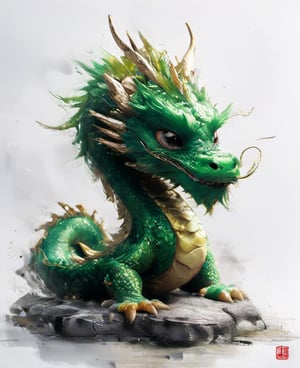 (best quality:1.3), Amazing, beautiful detailed eyes,green color, sharp focus, highly detailed, rich colors, vibrant colors,Chibi green Chinese dragon with golden horns, Chinese dragon head, 
Red and gold cheongsam vest, black eyes ,tatoo_style,illustration,graphite_art,((looking into camera)),((white_background)),simple_background,chinese dragon,flat_vector_art
