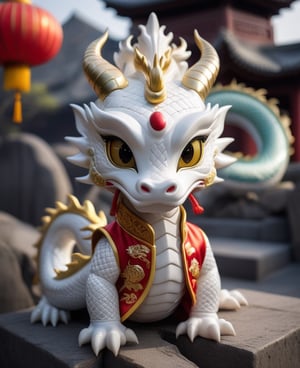 (best quality:1.3), Amazing, beautiful detailed eyes,white color,Sony Alpha 1, Sony FE 16-35mm f/2.8 GM, sharp focus, highly detailed, rich colors, vibrant colors,Chibi yellow Chinese dragon with golden horns, Chinese dragon head, 
Red and gold cheongsam vest, yellow eyes  ,Disney pixar style,((looking into camera)),((white background))